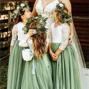 Lace and green chiffon girls maxi flower girl dress